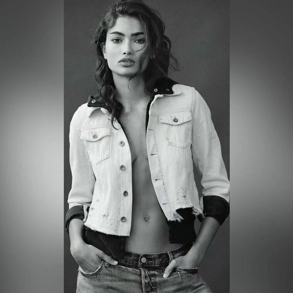 Free People Double Weave Denim Jacket‎ Hoodie Distressed Layered Boho Small - Picture 4 of 9